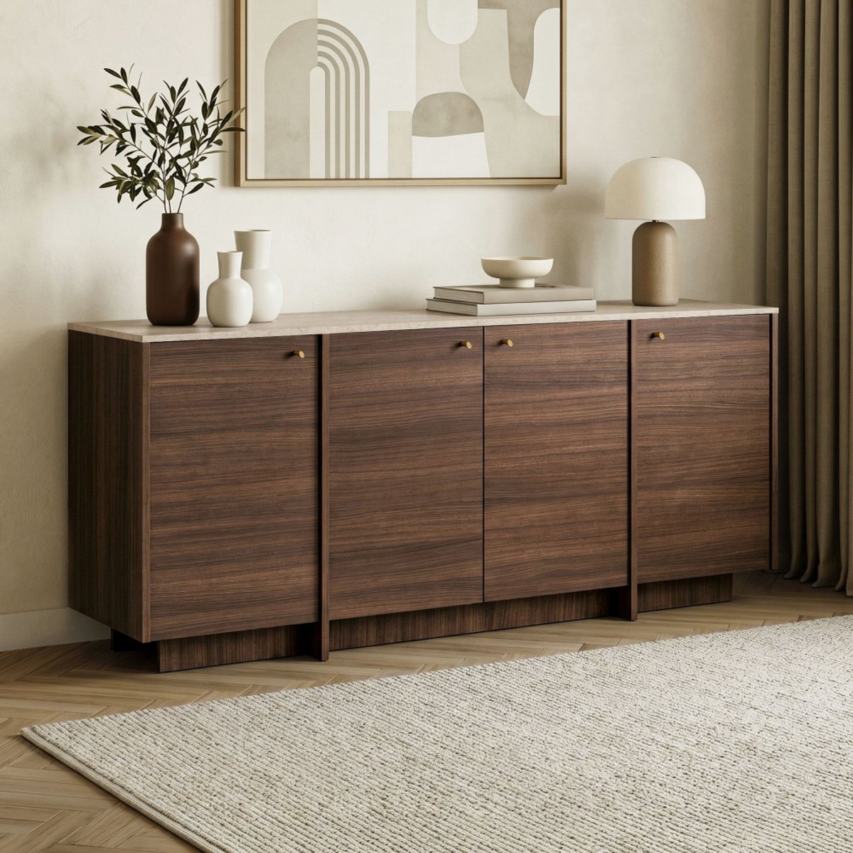 Buffet 4 portes plateau effet travertin et bois L180cm- HOPA bois foncé, DRAWER