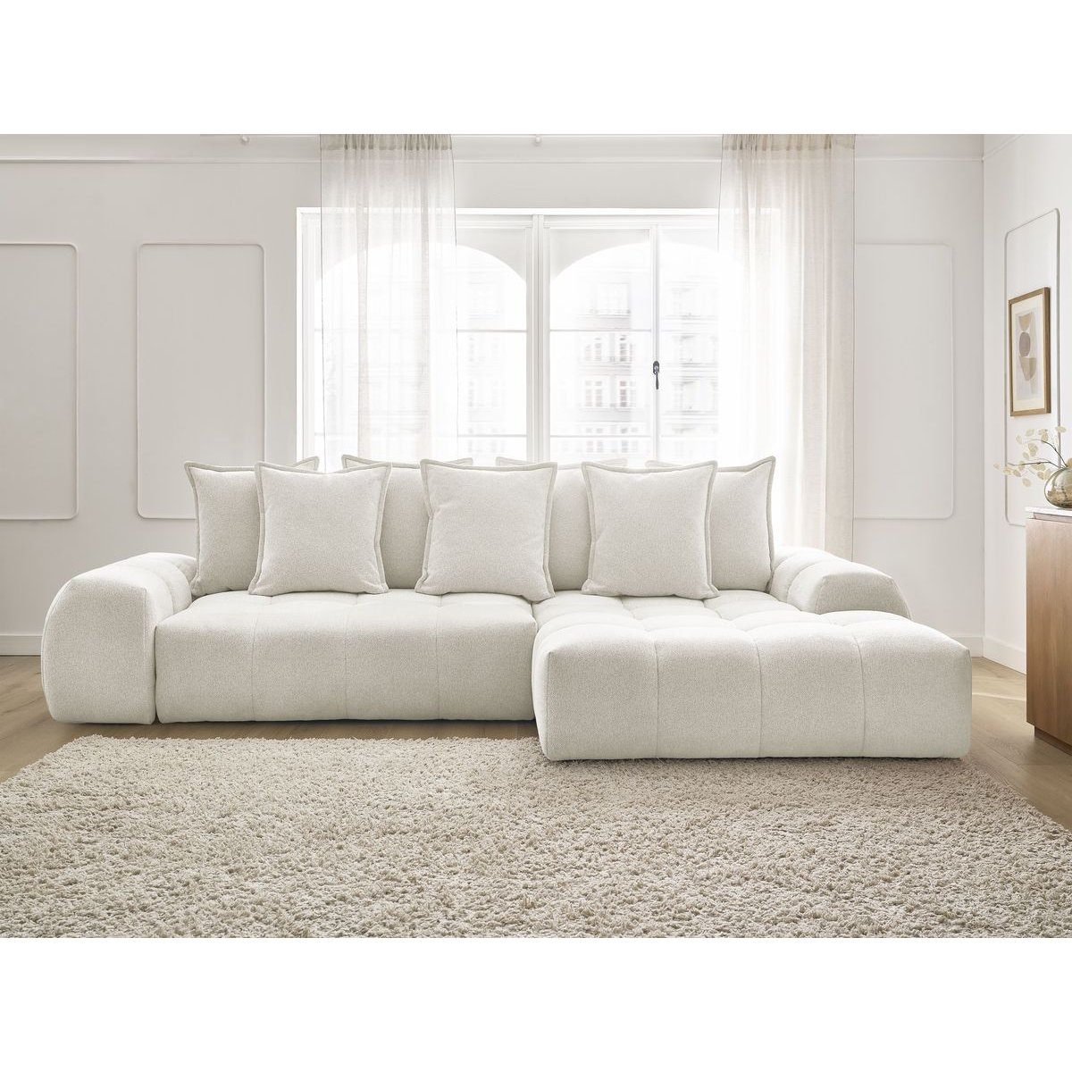 Canapé d'angle convertible 3 places en tissu chiné, EVEREST blanc, BOBOCHIC