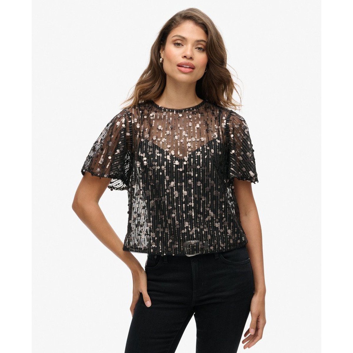 Haut transparent à manches courtes et sequins gris poussière stadium, SUPERDRY