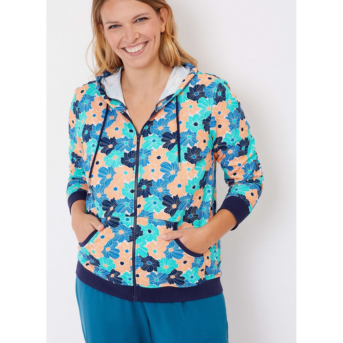 Gilet sweat coton bio zippé imprimé WOODINE bleu orange, LA FIANCÉE