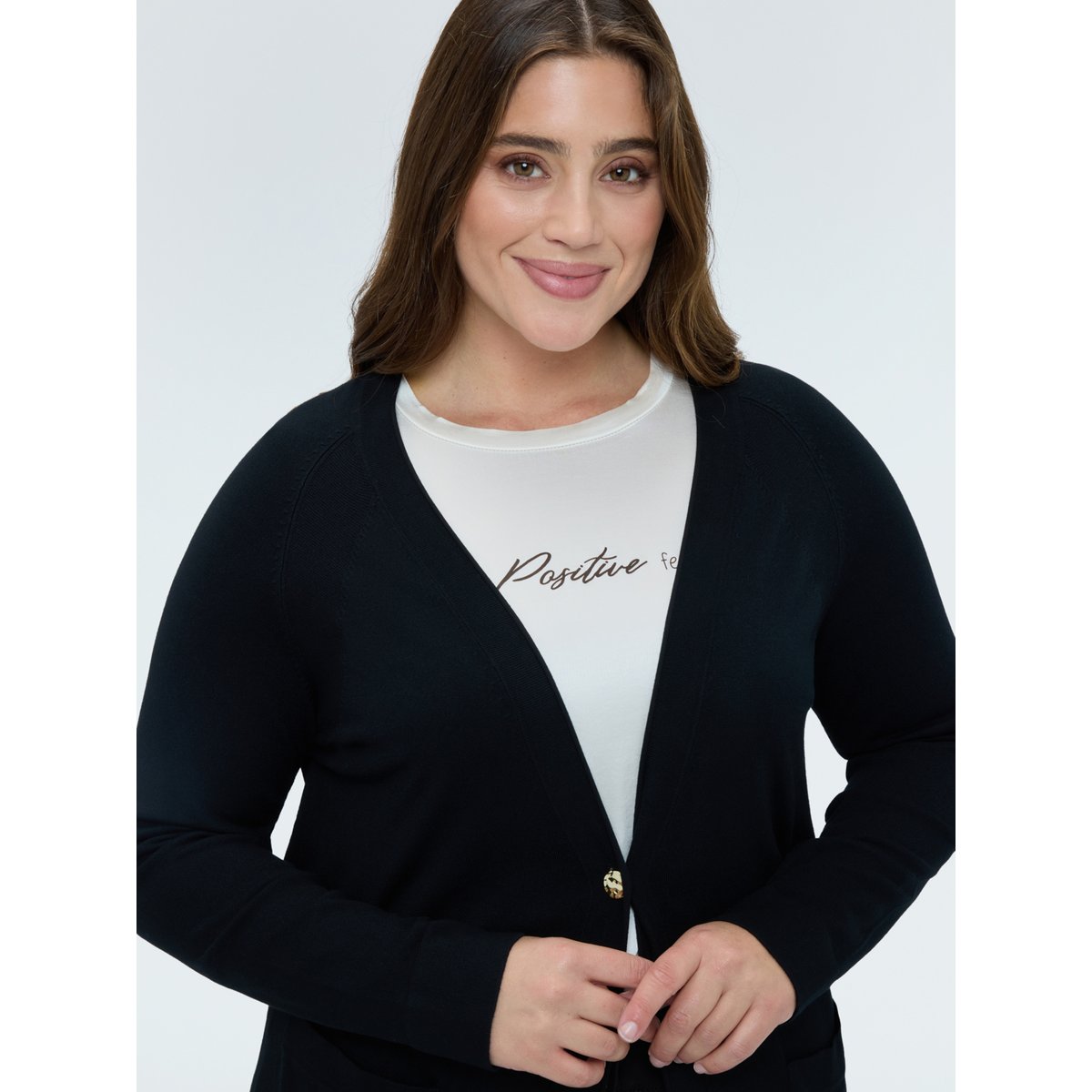 Cardigan long avec encolure en V en maille fine noir, FIORELLA RUBINO