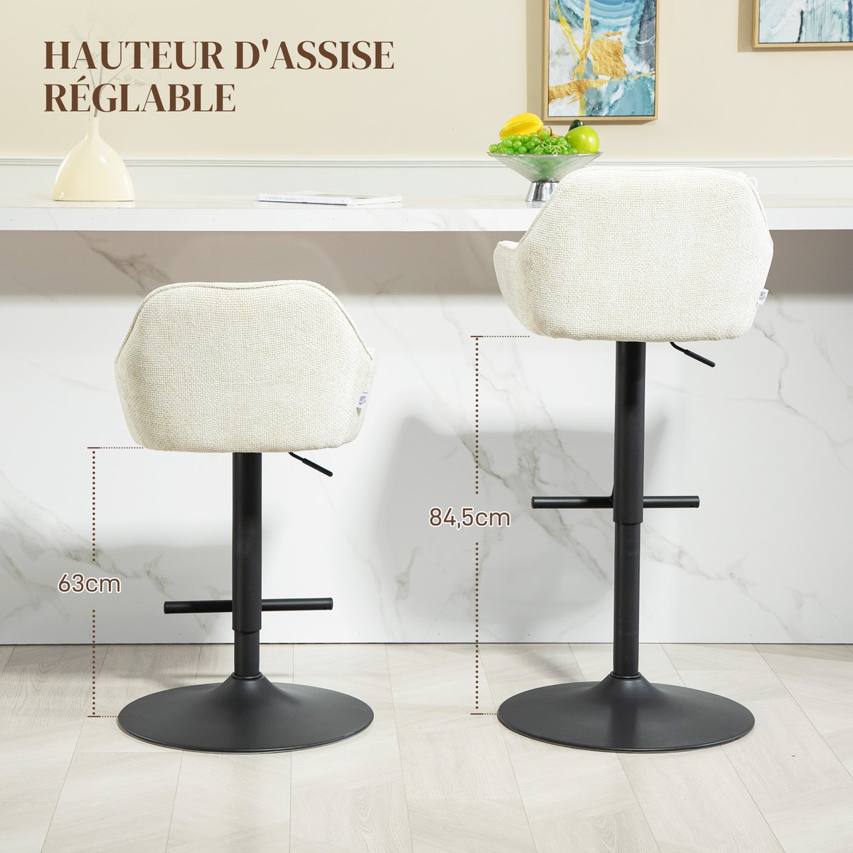 Tabouret de bar Polyester Crème crème, noir, HOMCOM