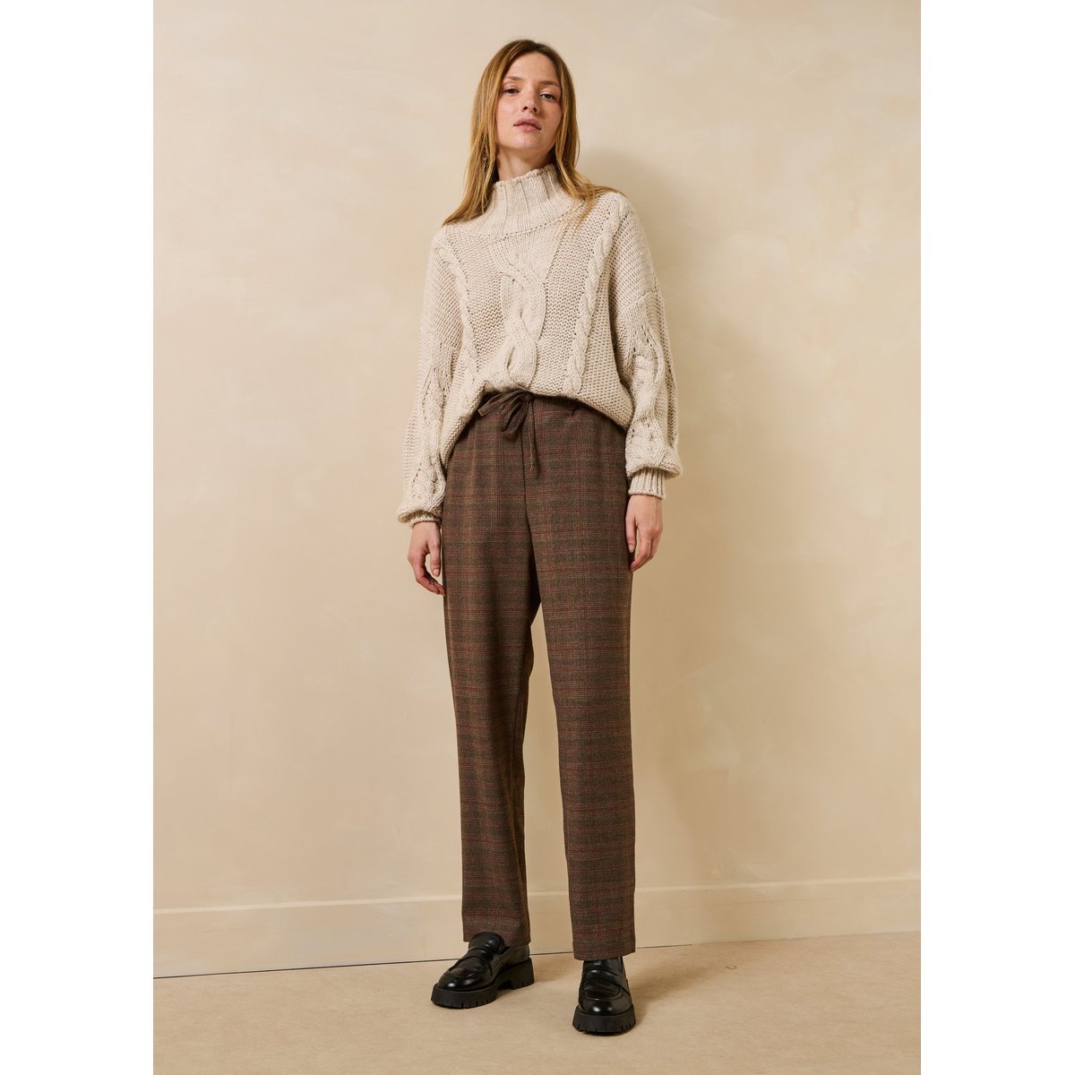 Pantalon carotte à carreaux taille élastique rouille, LA FEE MARABOUTEE