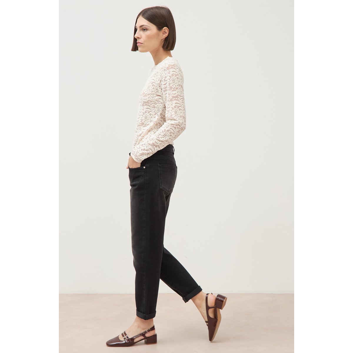 Jeans droit 7/8ème taille standard denim noir, BONOBO