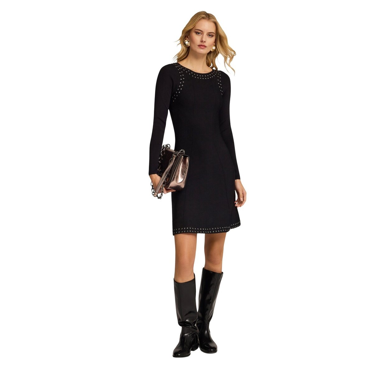 Robe midi évasée en maille avec applications noir, MOTIVI