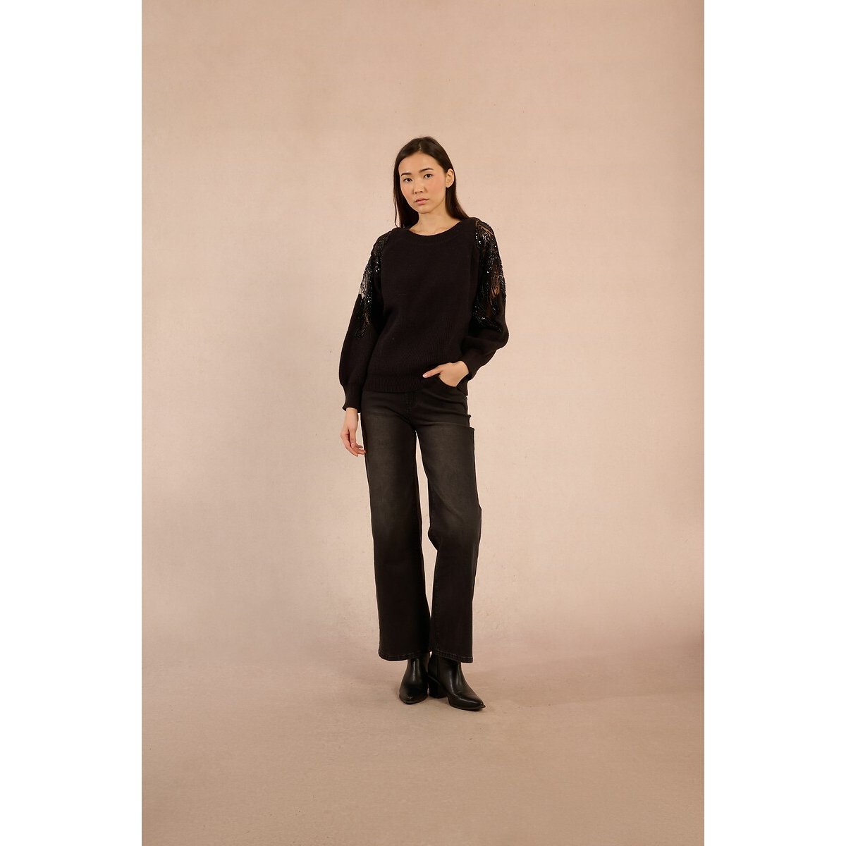 Knitted Jumper with Openwork Shoulders black, MOLLY BRACKEN