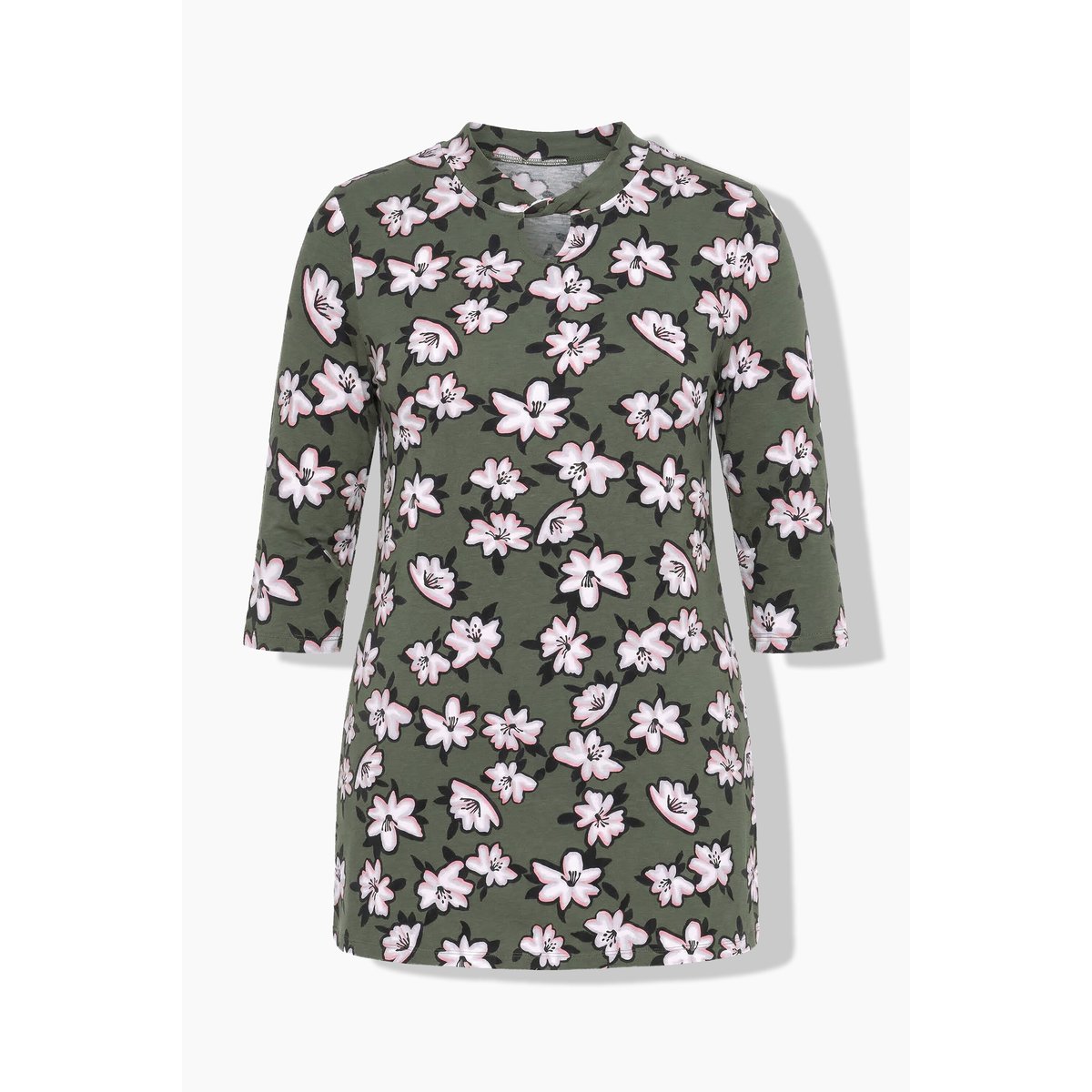 T-shirt long, fleurs, coupe en A gris olive, ULLA POPKEN