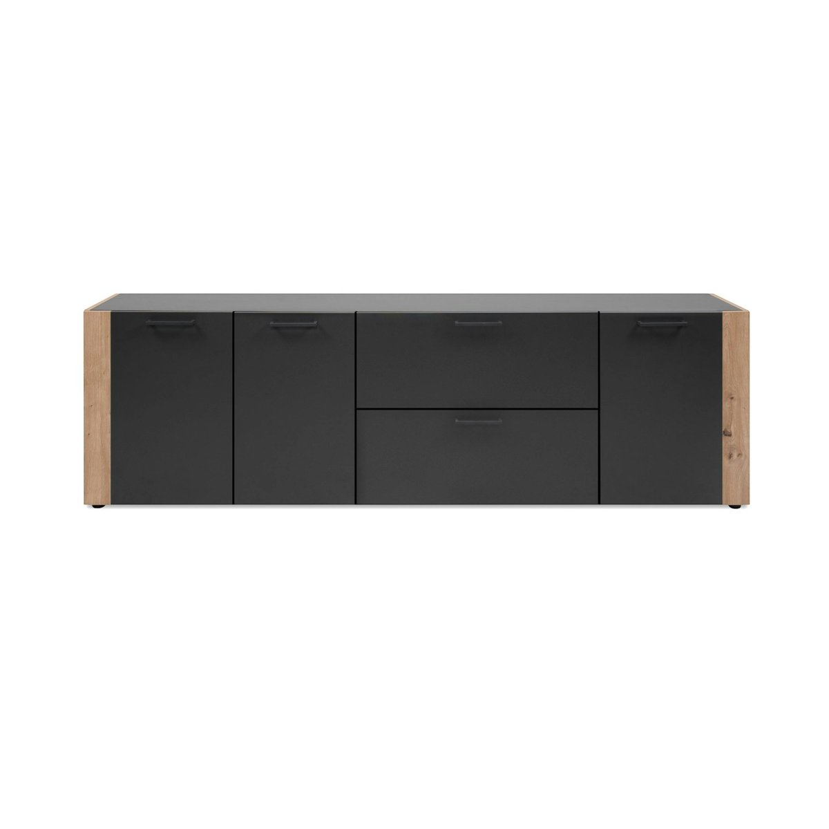 Long meuble TV gris foncé 3 portes 2 tiroirs ALVA bois naturel, PIER IMPORT