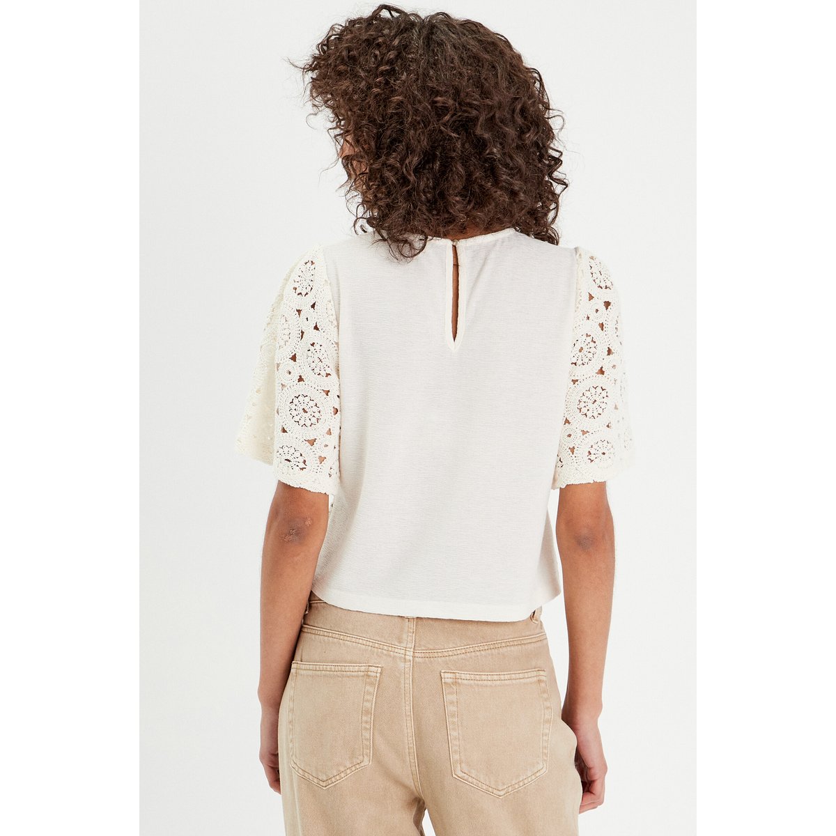 T-shirt macramé col rond ecru, CACHE CACHE