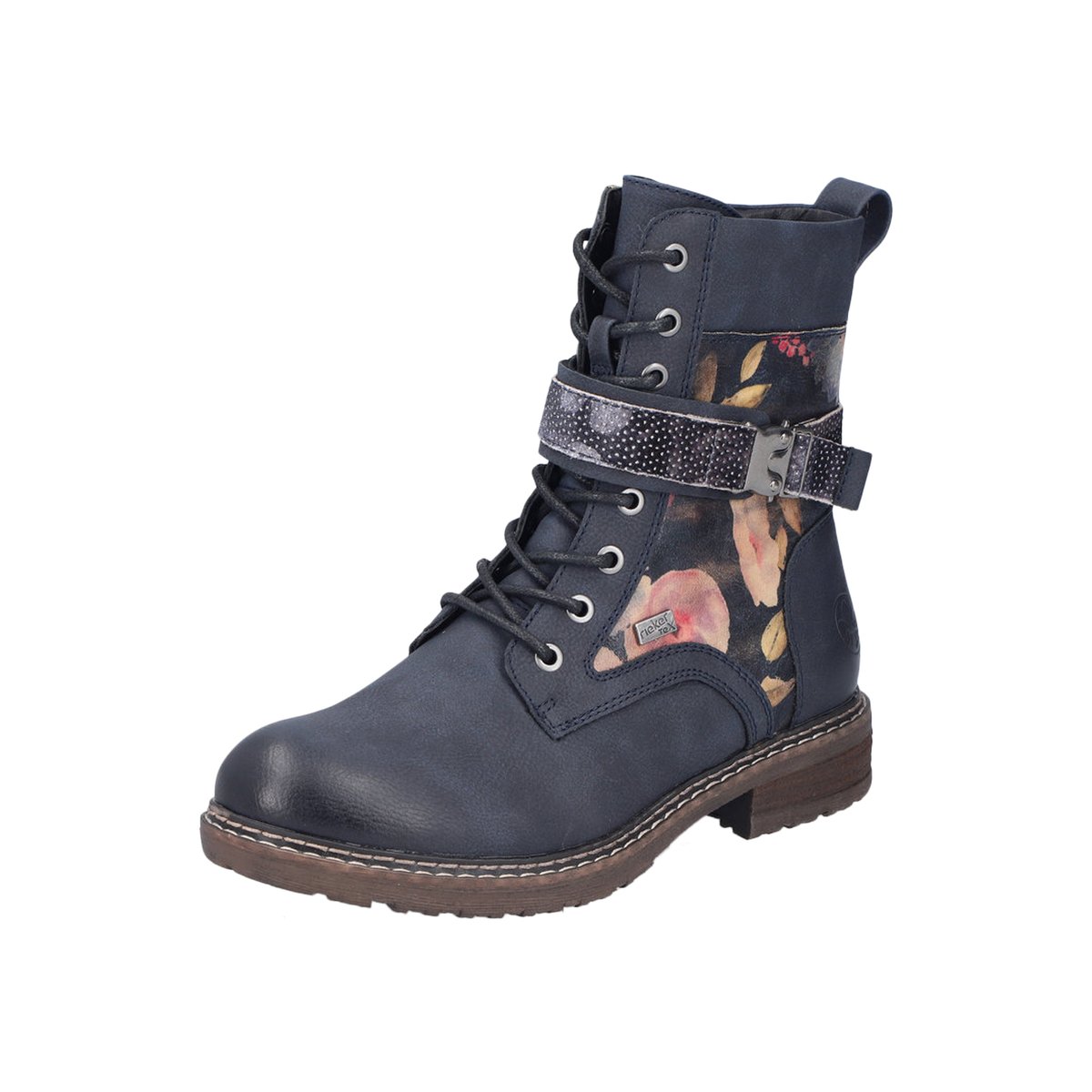 Bottines bleues à talon décroché bas avec un zip et des lacets ronds bleues, RIEKER