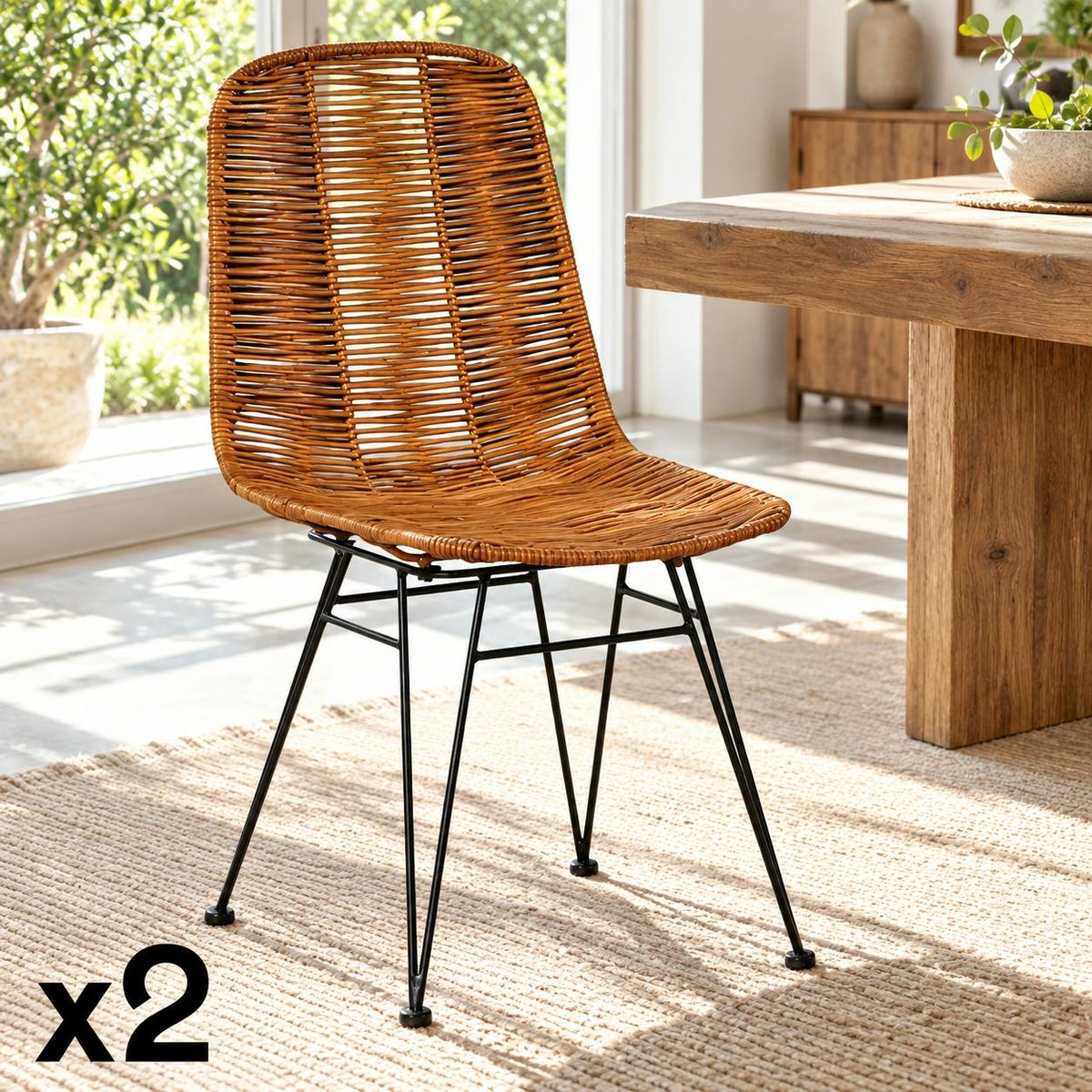 Chaise en rotin naturel pieds métal noir (lot de 2) CANADA bois naturel, PIER IMPORT