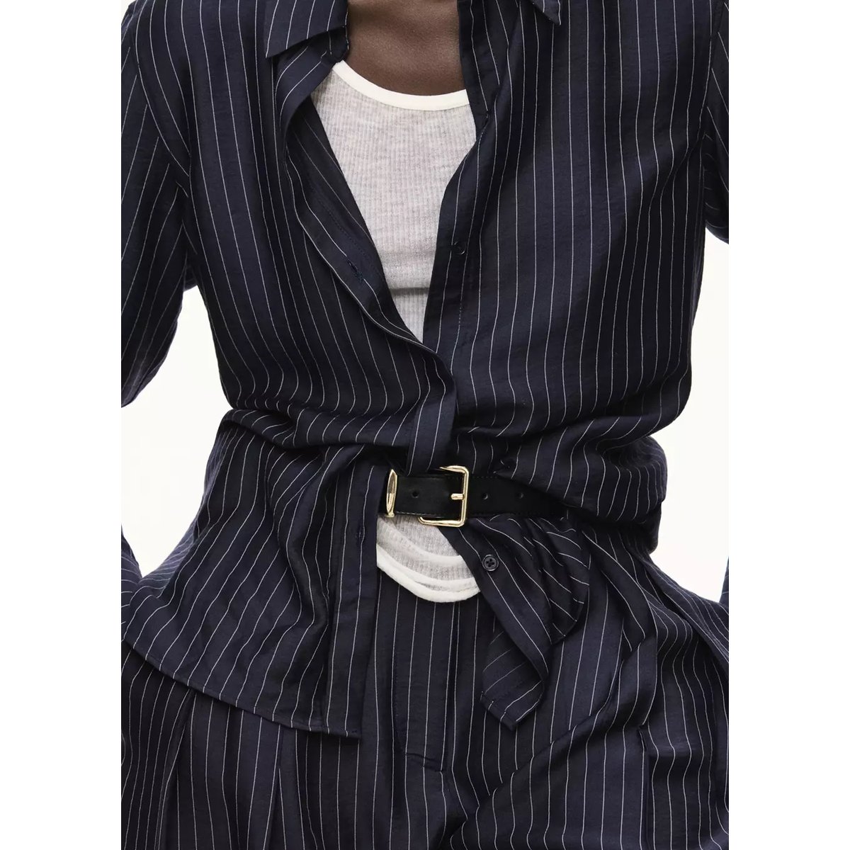 Chemise modal fines rayures bleu marine, MANGO