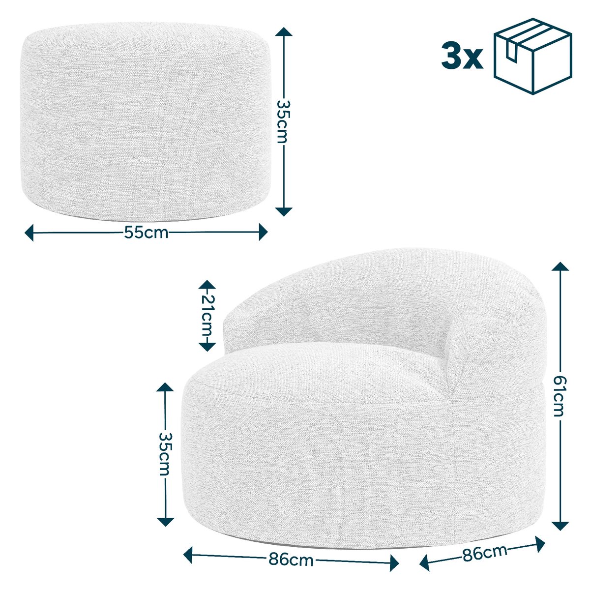 Pouf fauteuil d’appoint décoratif et son repose-pied rond en tissu tissé Oeko-Tex® - ORB naturel beige, ICON
