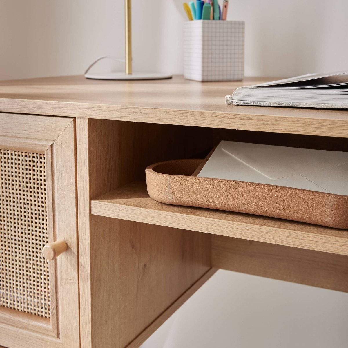 Bureau décor bois et cannage 2 portes BOHÈME naturel, SWEEEK