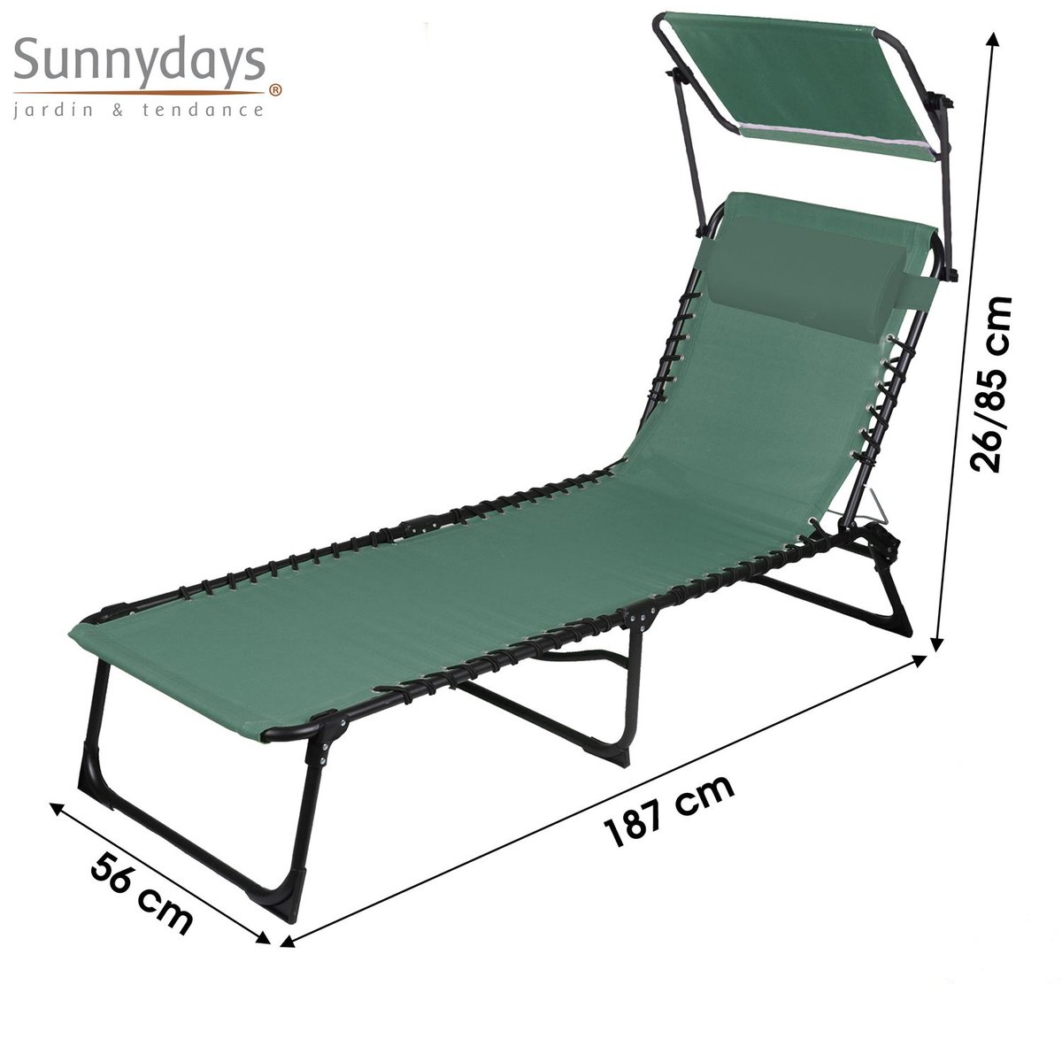 Lot de 2 bains de soleil avec coussin et pare-soleil inclinable vert, TOILINUX