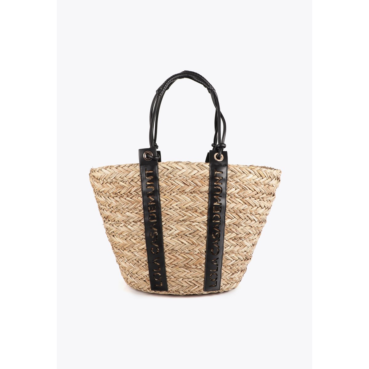 Panier tressé avec poignée logo découpé beige, LOLA CASADEMUNT