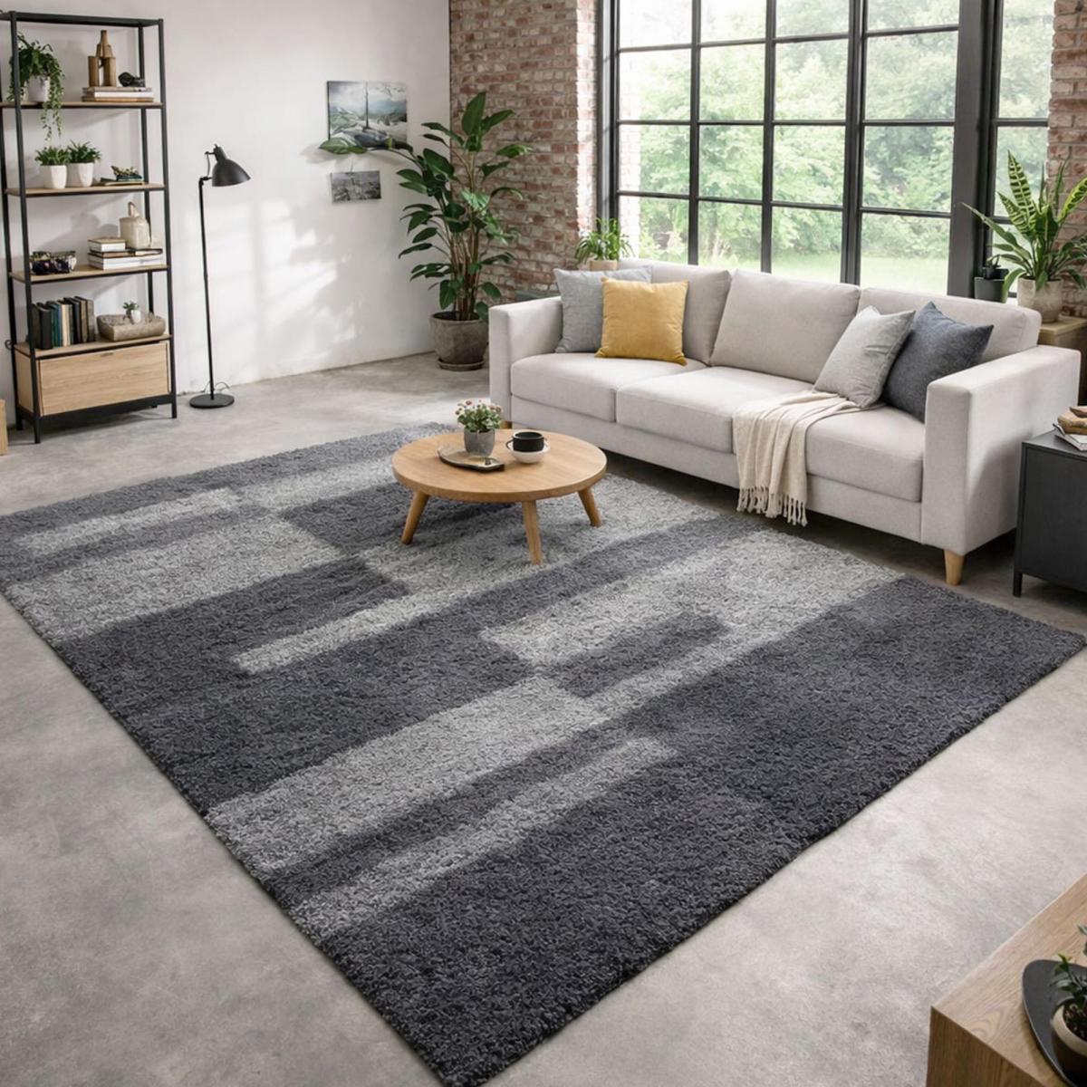 Tapis poils longs shaggy tissé motif géométrique RECTAN gris clair, gris foncé, UN AMOUR DE TAPIS