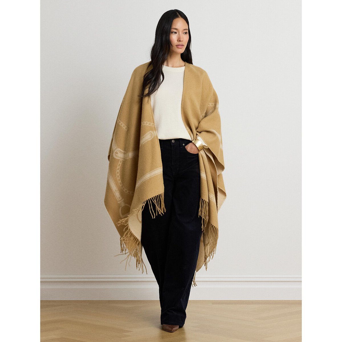 Poncho frangé, réversible, à motif équestre camel/beige, LAUREN RALPH LAUREN