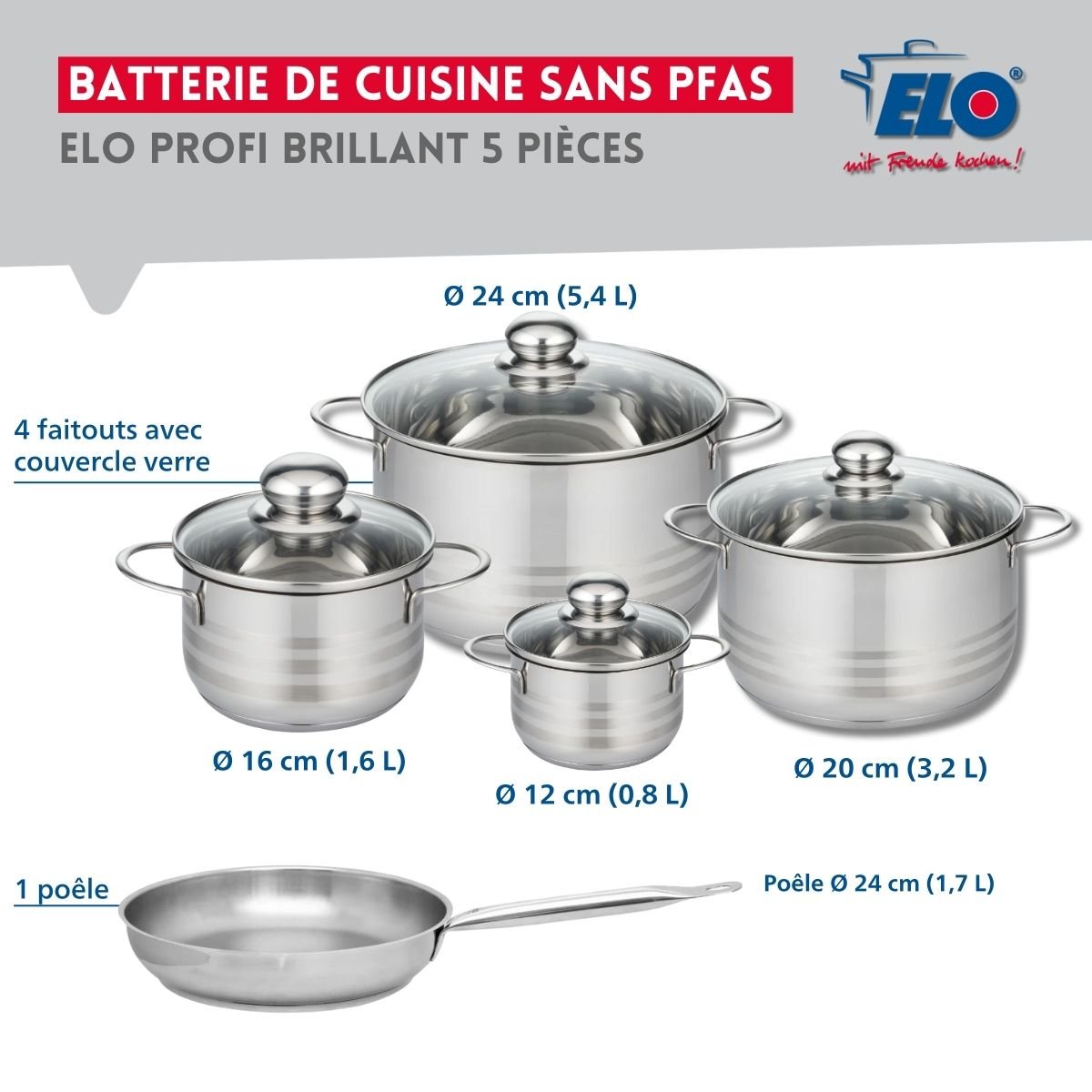 Batterie 1 poêle 24cm + 4 faitouts 12/16/20/24cm PROFI BRILLANT gris, ELO