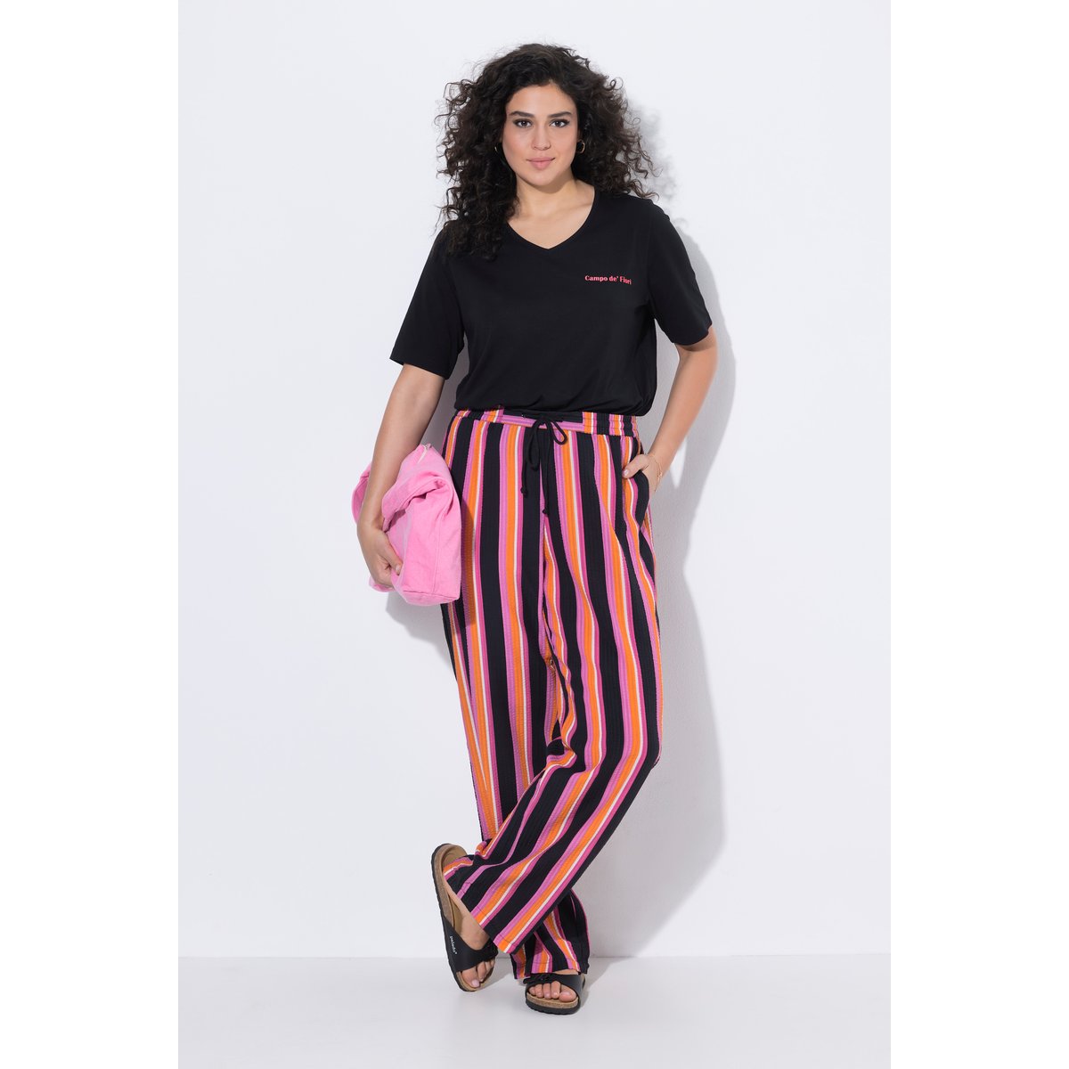 Pantalon Rose en seersucker rayé orange clair, ULLA POPKEN
