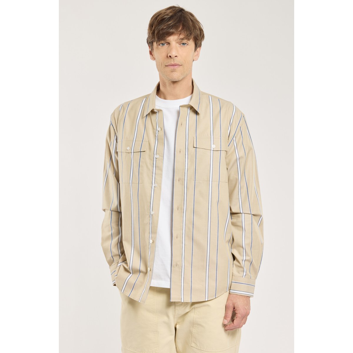 Chemise à carreaux en coton beige rayure bleu/blanc, GUY DE BERAC