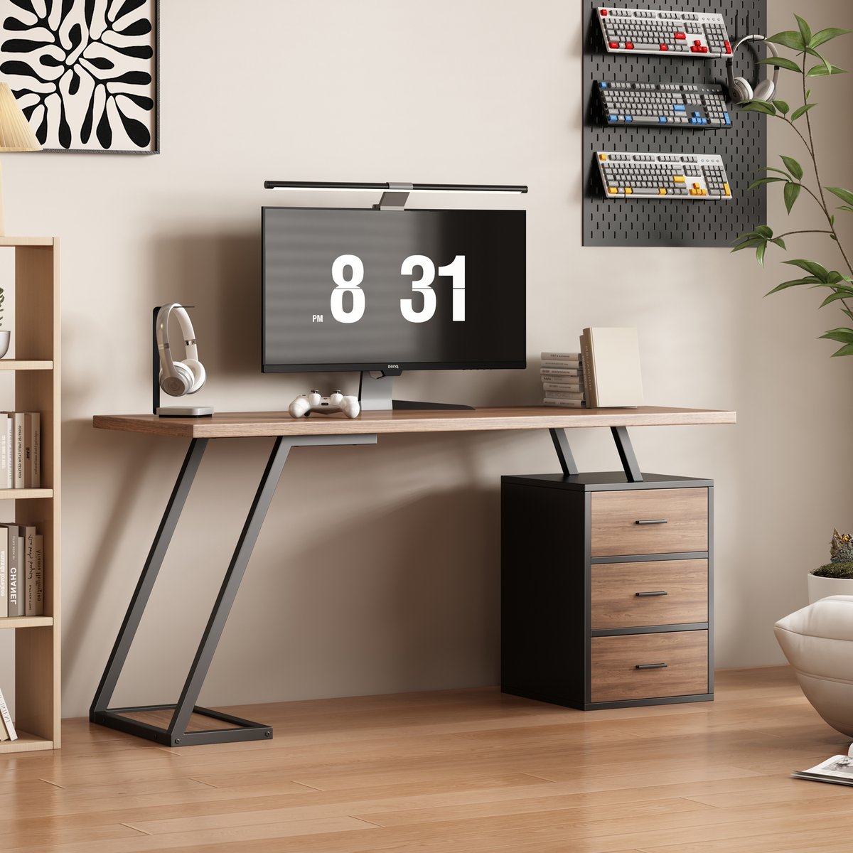 Bureau style industriel avec 3 tiroirs et 1 étagère intégrée, JO noyer, MEUBLES COSY