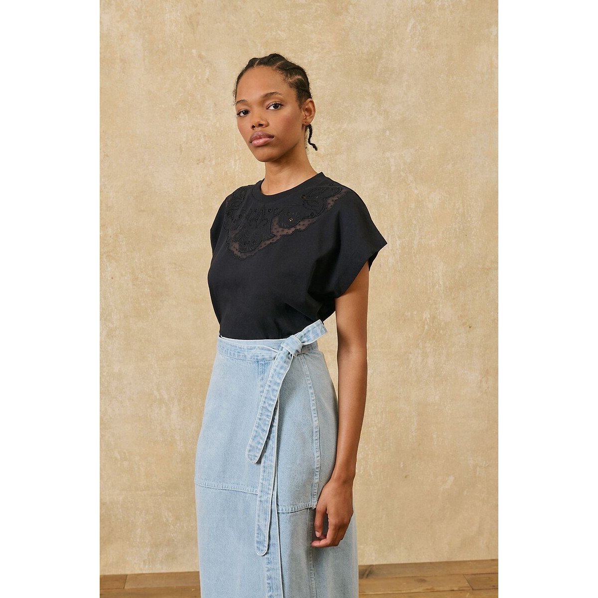 T-shirt à manches courtes et broderies, ASTRALYS noir, LOUISE MISHA