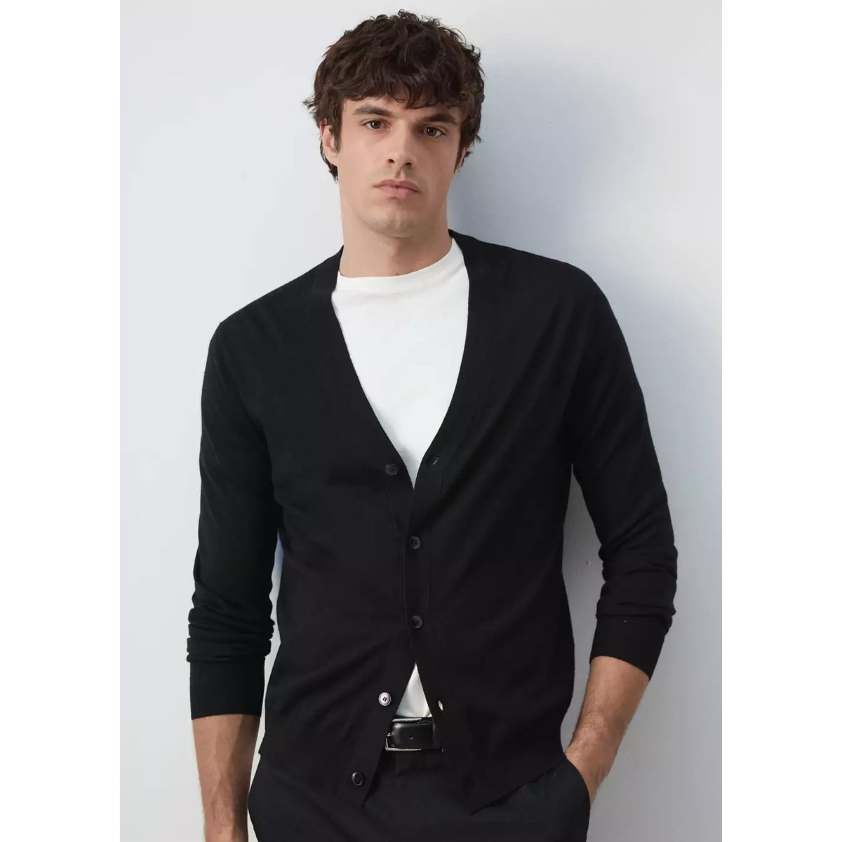 Cardigan 100 % laine en maille fine noir, MANGO MAN