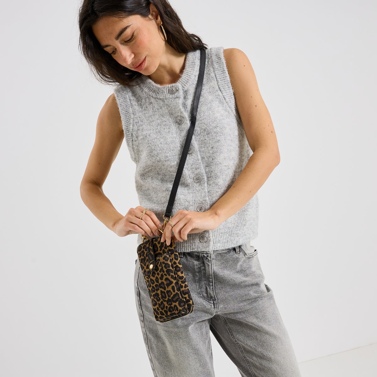 Pochette de téléphone portefeuille marron camel, GRAIN DE MALICE