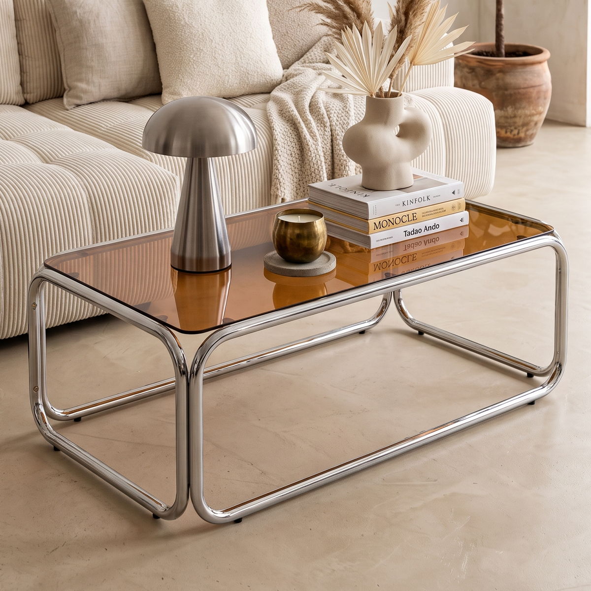 Table basse rectangulaire en acier chromé et verre trempé caramel - SPRITZ fumé, HOMIFAB