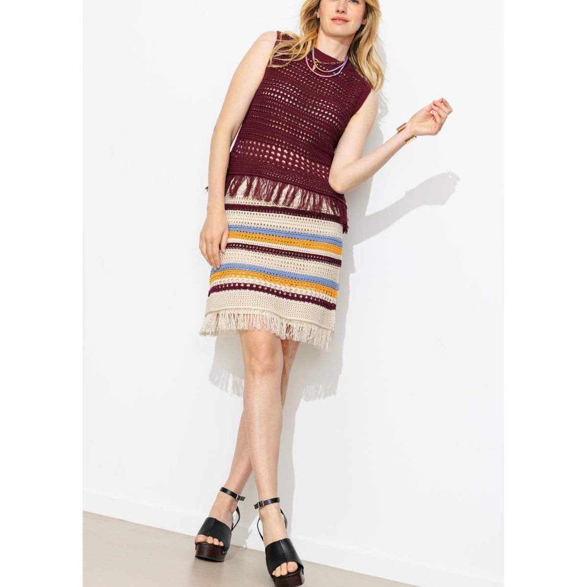 Jupe courte frangée en crochet rayures multicolores, PROMOD