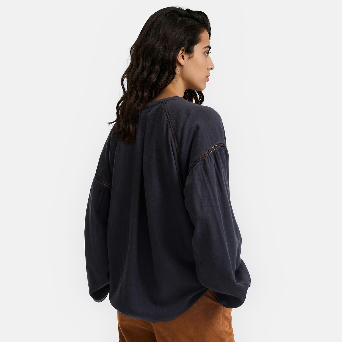 Long Sleeve Crew Neck Openwork Detail Blouse navy blue, LA REDOUTE COLLECTIONS