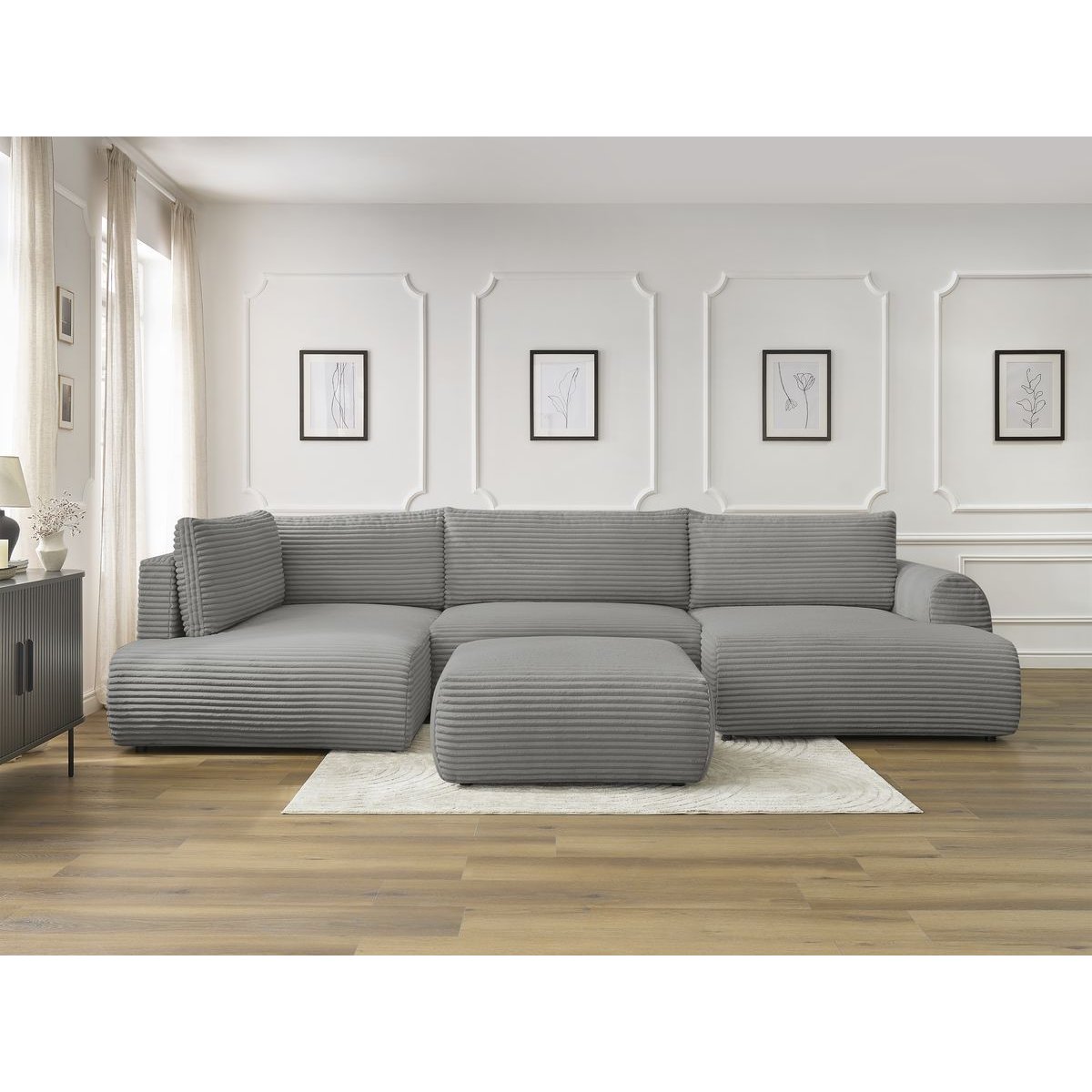 Canapé panoramique convertible 6 places en gros côtelé doux avec pouf, LUCIEN gris foncé, BOBOCHIC