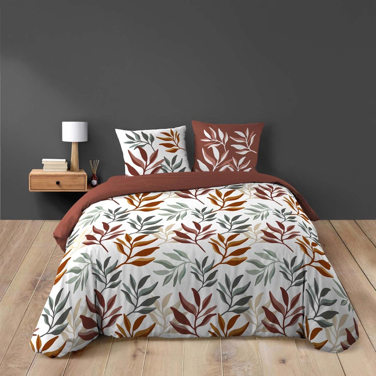 Parure de lit 3 pièces 100 % coton imprimé à motif végétal housse + taies rouge, DOUCEUR D'INTÉRIEUR
