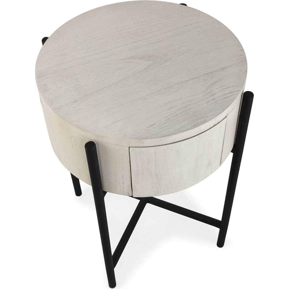 Table de chevet ronde en bois de cèdre blanc voilé et noir mat, RECOLLECTION