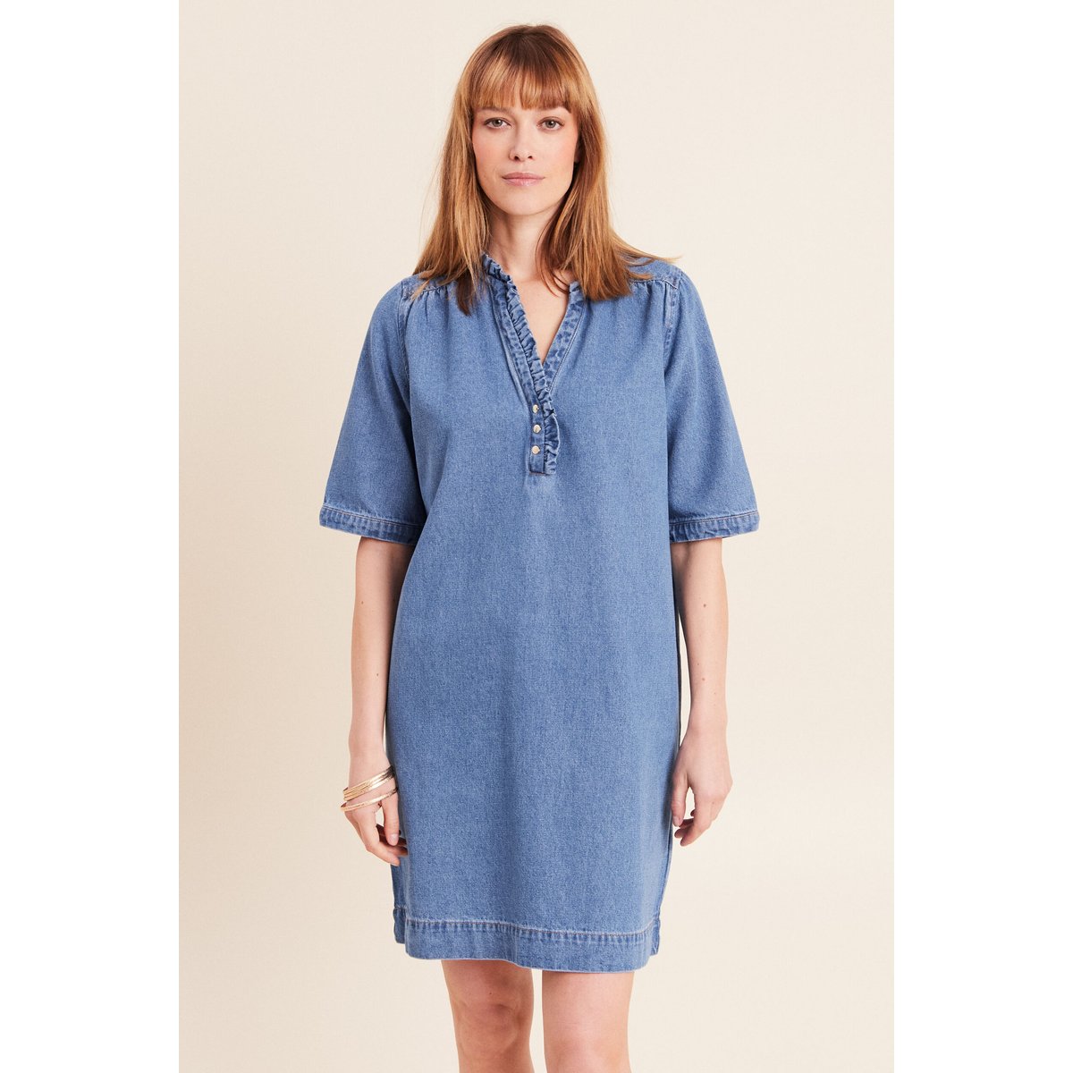 Robe courte évasée jean col montant denim double stone, BREAL