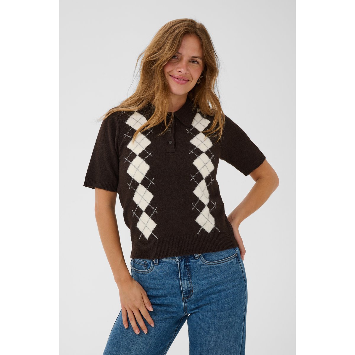 Pullover tricoté marron dark brown/chalk argyle, KAFFE