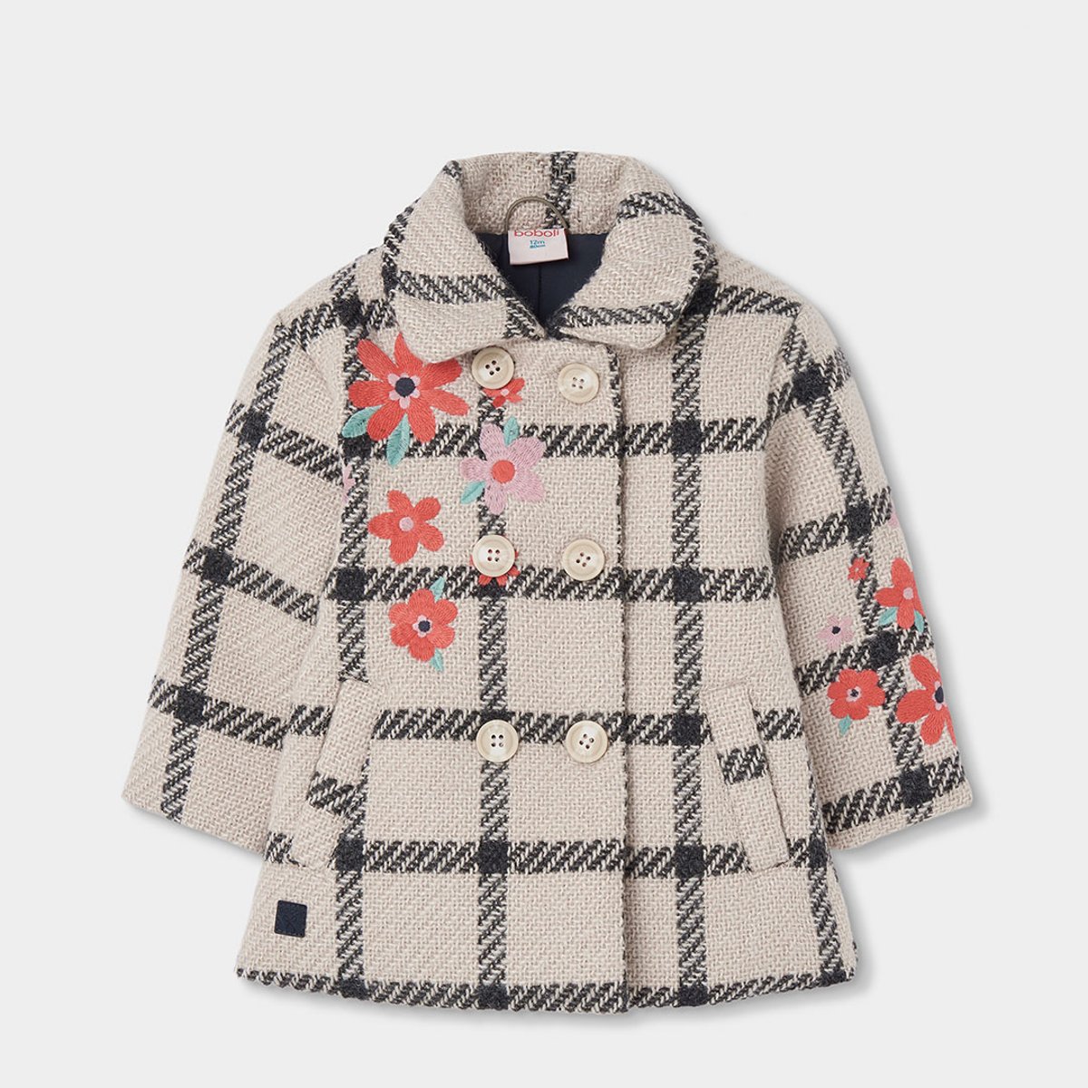 Manteau fille carreaux broderie fleurs beige, BOBOLI