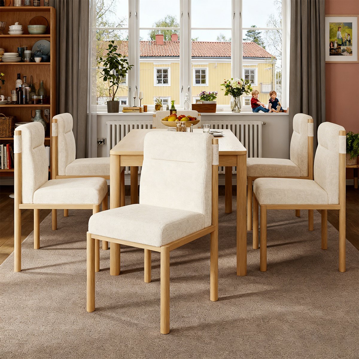 Lot de 6 chaises de salle à manger en bouclette avec pieds métal, DUORAU beige, MEUBLES COSY