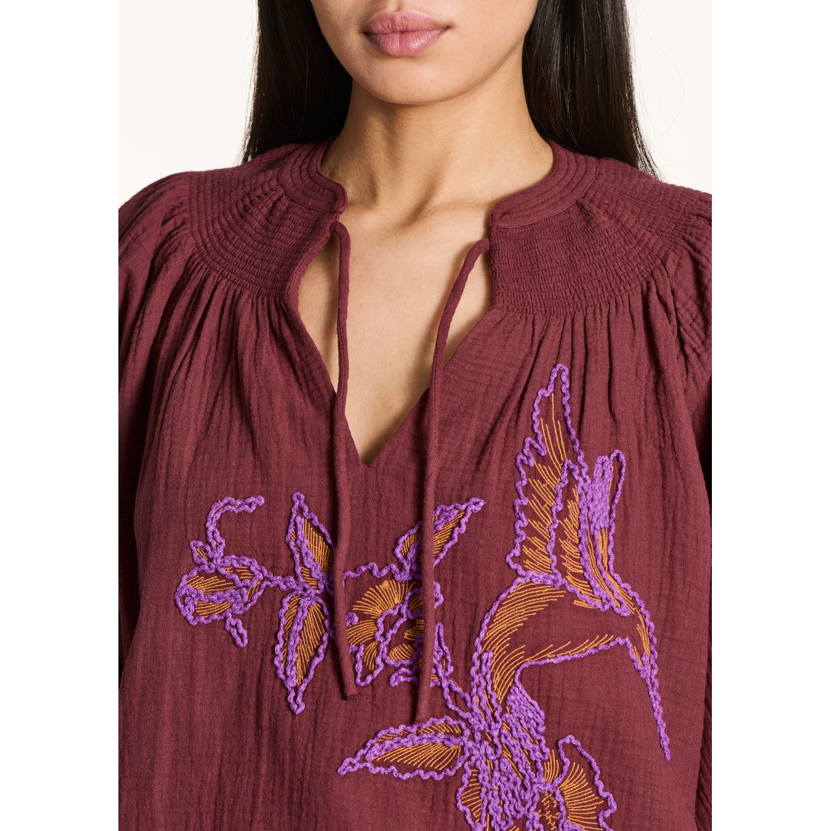 Top en gaze de coton brodée mahogany, LA FEE MARABOUTEE