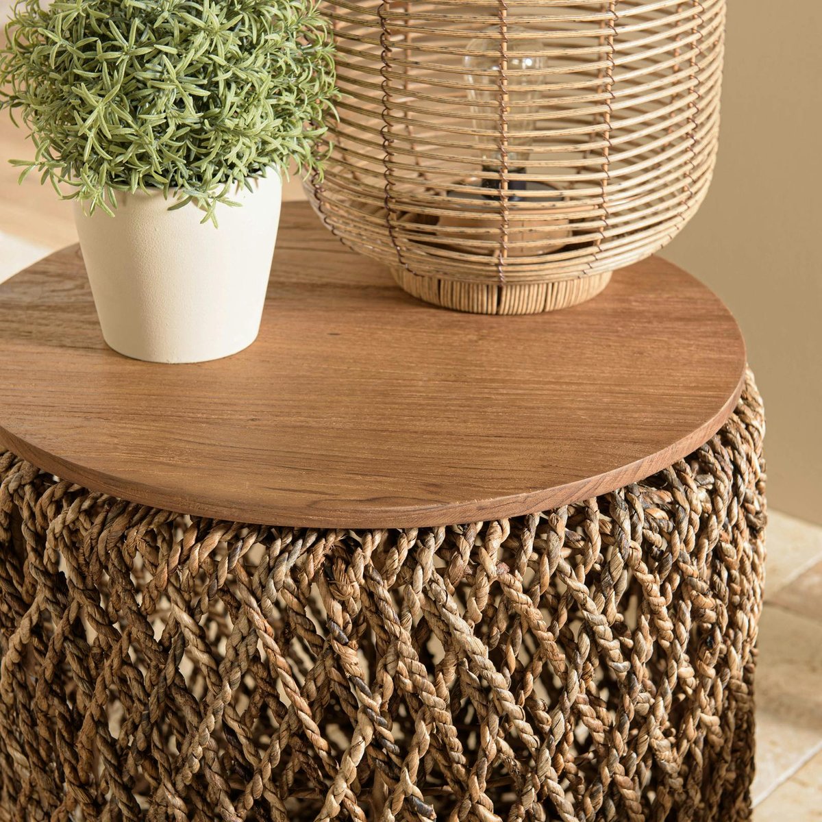 Table d'appoint ronde 49 cm fibre de coco et bois recyclé SWING bois naturel, PIER IMPORT