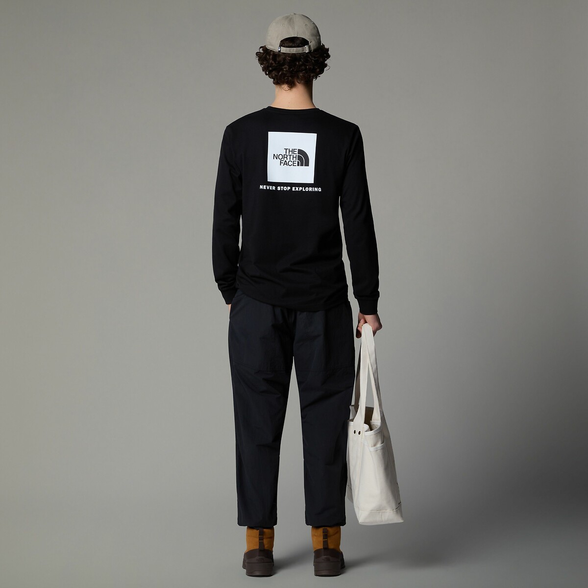 Red Box Cotton T-Shirt with Logo Print and Long Sleeves black, THE NORTH FACE
