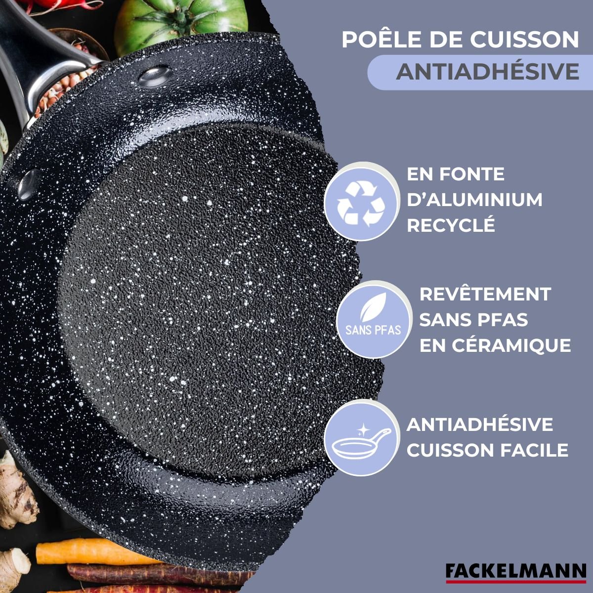 Poêle 20 cm fonte alu revêtement antiadhésif céramique sans PFAS gris,noir, FACKELMANN