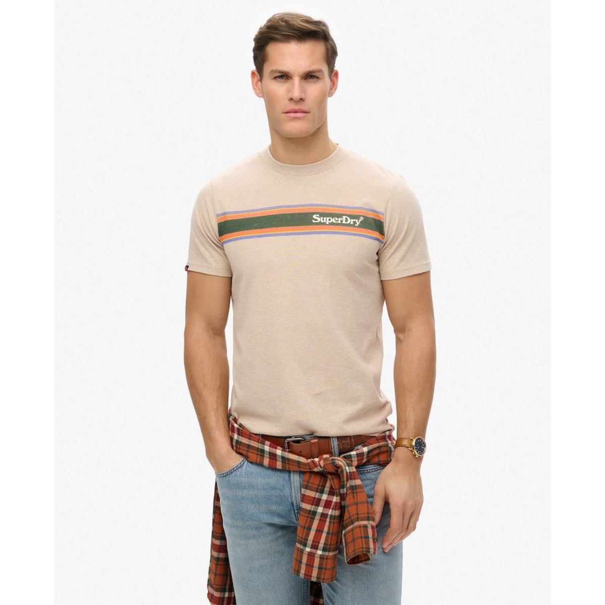 T-shirt décontracté à rayures et logo Venue beige lavin chiné, SUPERDRY