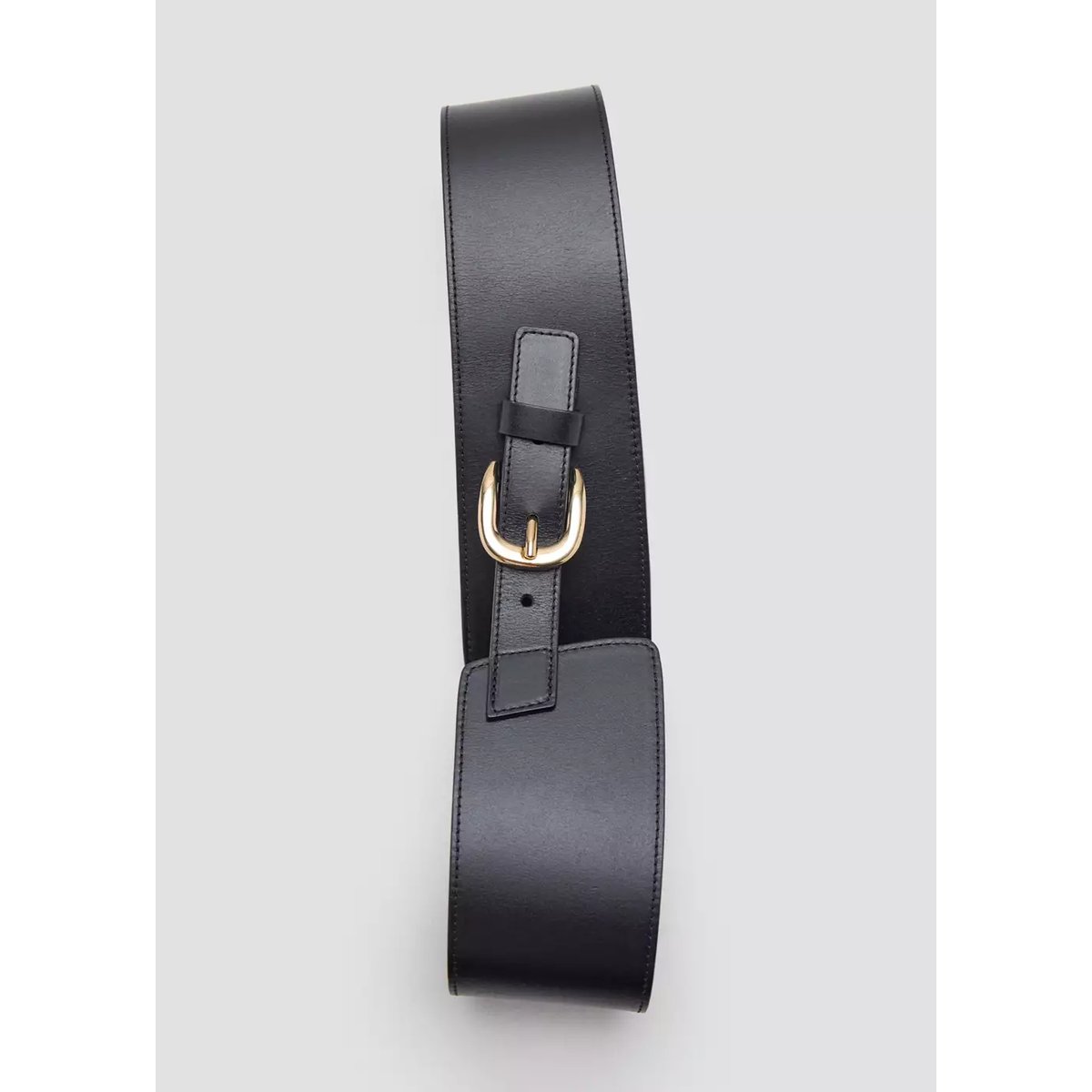 Ceinture large en cuir avec boucle métallique noir, MANGO