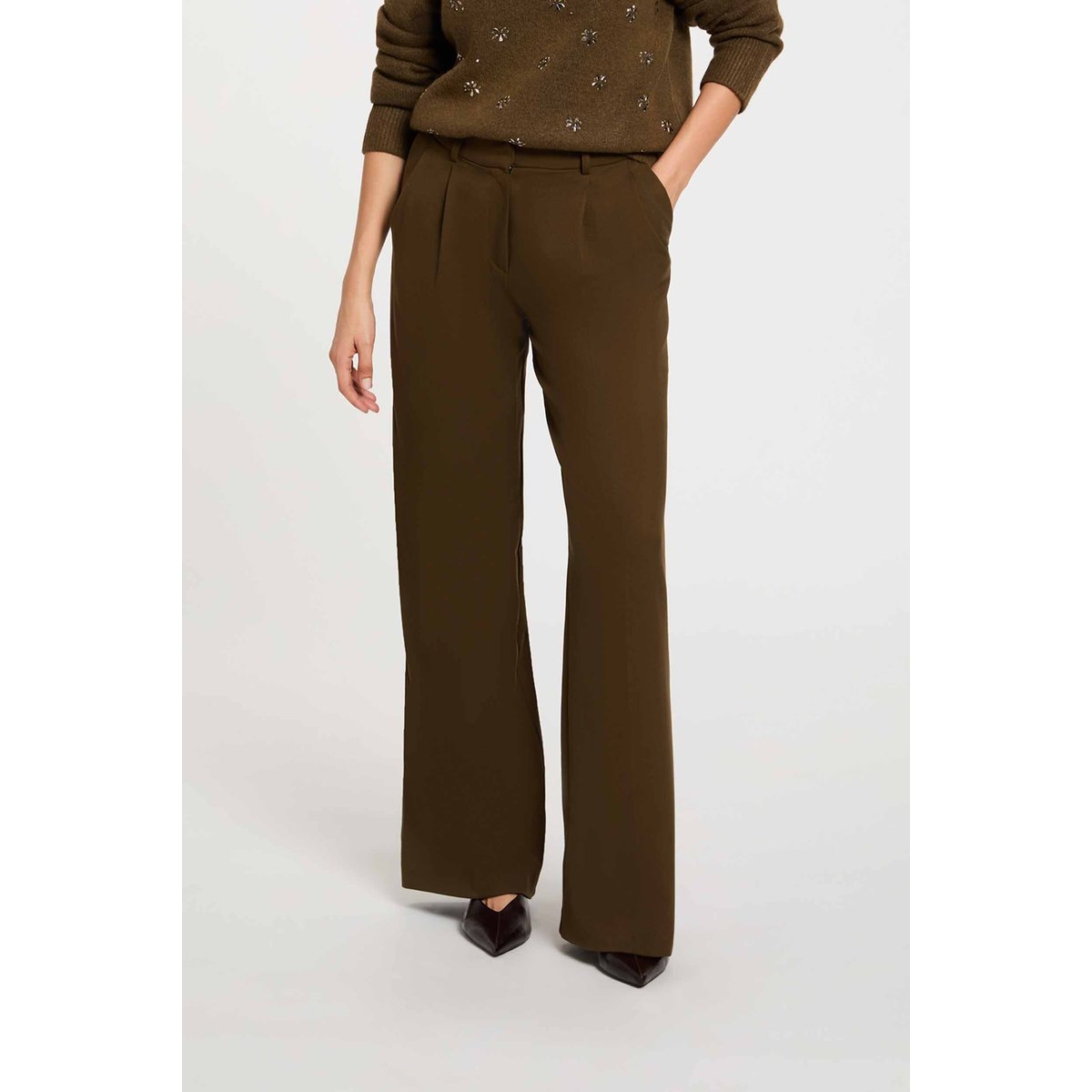 Pantalon large taille haute vert kaki, MORGAN