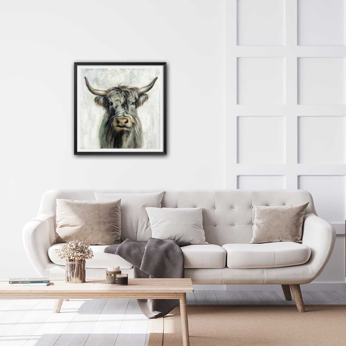 Affiche Vache highland aquarelle affiche + cadre en bois - noir, HEXOA