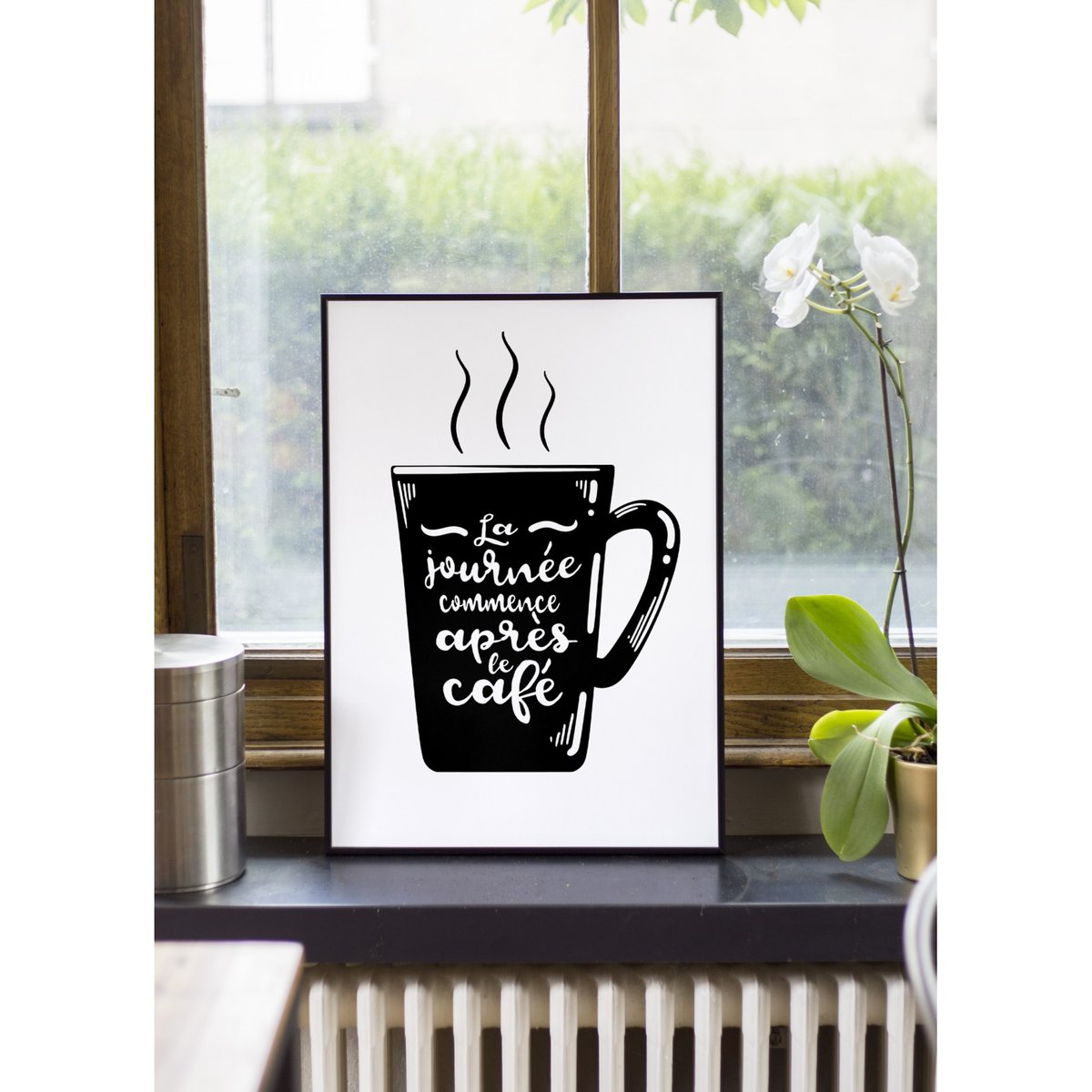 Affiche 'La journée commence après le café' blanc, L'AFFICHERIE