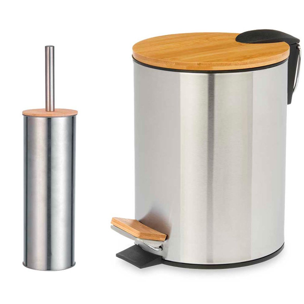 Poubelle salle de bain en métal chromé et bambou + brosse WC chrome/inox, WADIGA