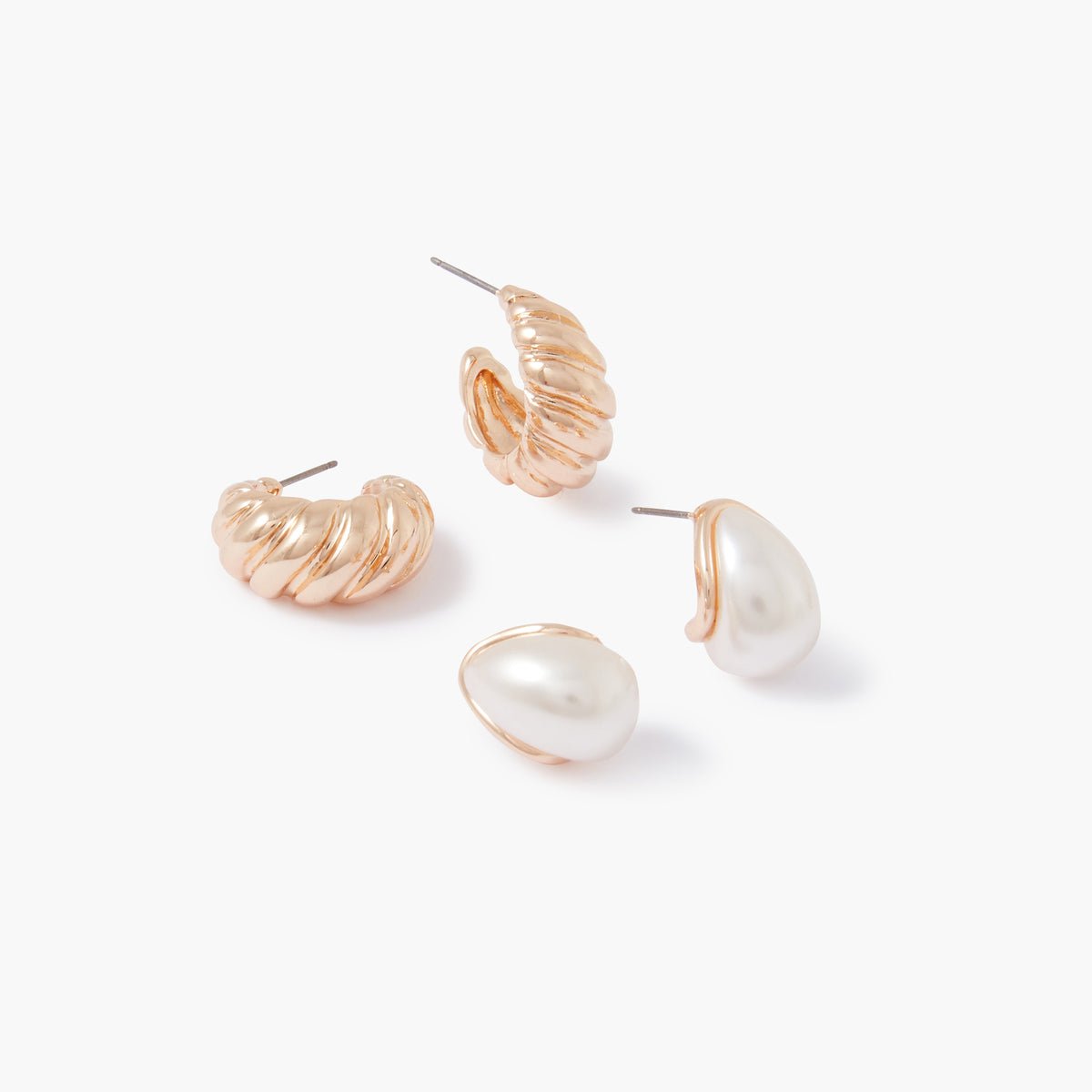Set de 2 paires de petites créoles perle et twistées blanc, BALABOOSTE